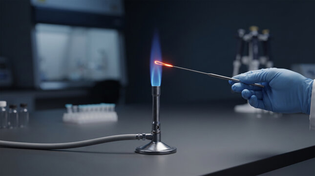 Gloved hand heating metal loop over burner