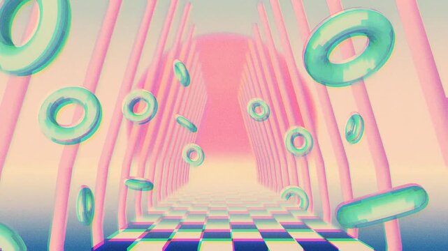Pastel torus shapes jitter through a glowing surreal checkerboard passage