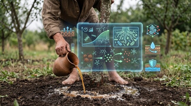 Gardener pouring fermented vegetable scrap liquid around tree base with digital overlay showing microbial activity nutrient absorption and soil chemical transformation processes