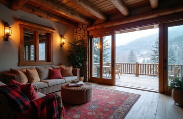 Fototapeta premium Cozy mountain lodge living room with stone fireplace, wood beams. Large sliding doors open to snowy terrace overlooking winter forest landscape. Comfortable wicker furniture, warm blankets invite
