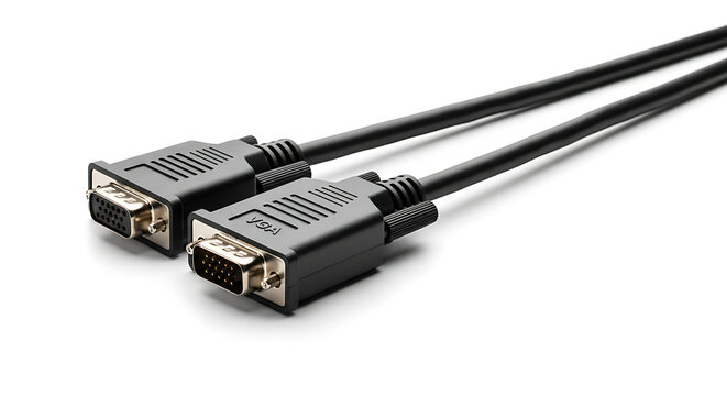 Black vga computer monitor connector cables resting together against a clean white isolated