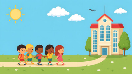 Naklejka premium Children walking to school on a sunny day