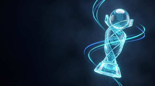 Futuristic glowing holographic trophy cup sports victory award digital concept illustration with sci fi hologram futuristic illustration background abstract