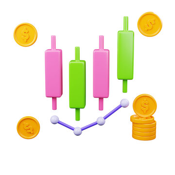 3D Financial Candlestick Chart with Coins and Market Trends