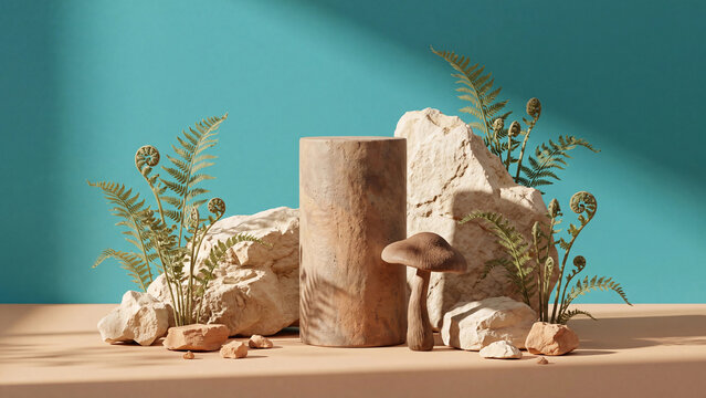 Wooden cylindrical podium stands amidst natural rocks, green fern leaves, and a mushroom against a teal background for product display.