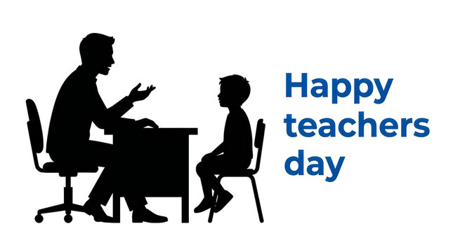 A dark silhouette depicts a teacher and student with a cheerful happy teachers day message illustration