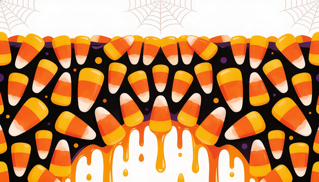 Halloween candy corn background pattern, Spooky trick or treat banner, Sweet autumn holiday vector art, Vibrant orange yellow pattern, Festive seasonal party wallpaper design, Dripping slime frame.
