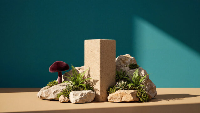 Rectangular wooden podium surrounded by natural rocks, green moss, leafy foliage, and a dark mushroom stands against a vibrant teal background.