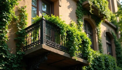 Fototapeta premium Exterior view of an old building facade with a balcony covered in green ivy vines. Sunlight illuminates the natural greenery and decorative metal railing.