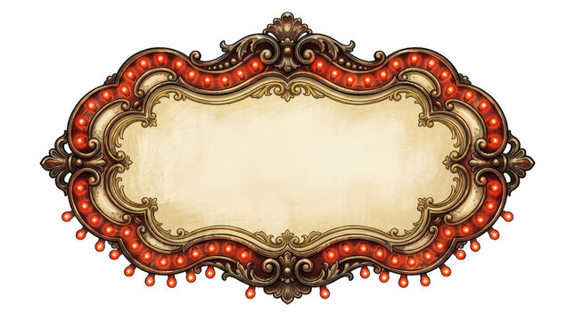 Ornate vintage frame with red beads and gold flourishes on a black background