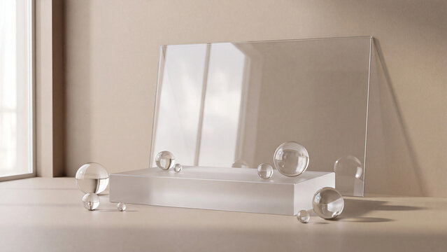 Transparent glass board and clear spheres rest on a modern acrylic pedestal inside a sunlit studio with architectural window shadows.