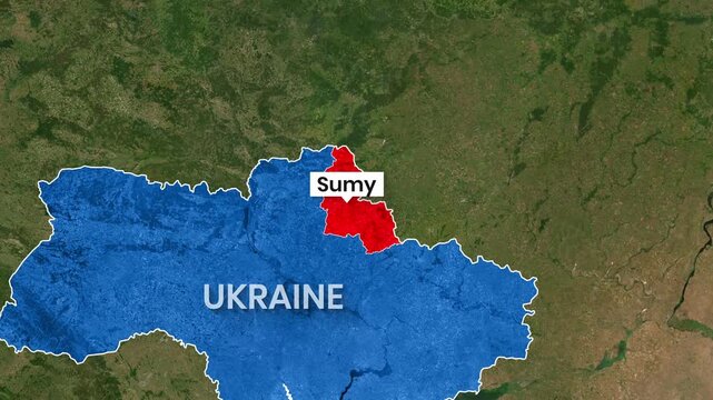 Ukraine map highlights the Sumy region showing territorial context motion footage
