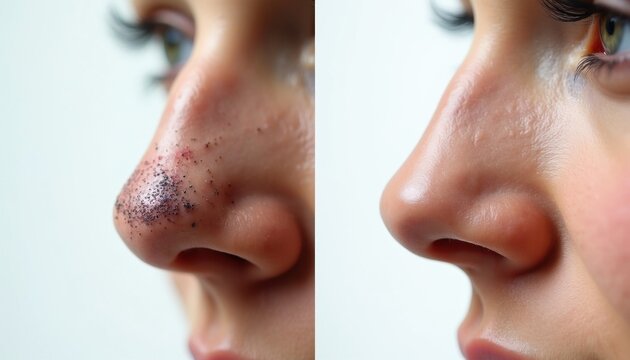 Split view shows nose with black dots before and after cleansing treatment. Clear skin pores result from face scrub and therapy. Cosmetic care achieved.