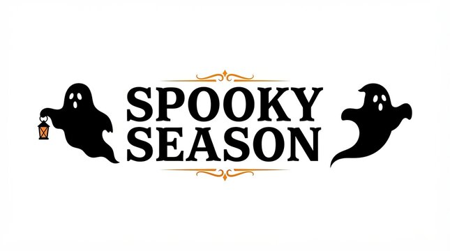 Spooky season text label with two cute ghost silhouettes and lantern