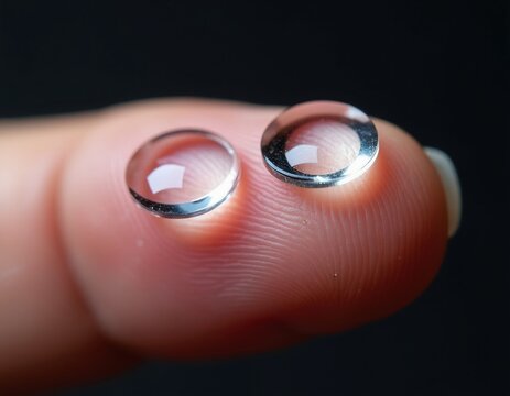 Two clear artificial intraocular lenses rest on human finger tip. Transparent medical implants designed for cataract surgery, vision correction. Modern ophthalmology technology provides patients with