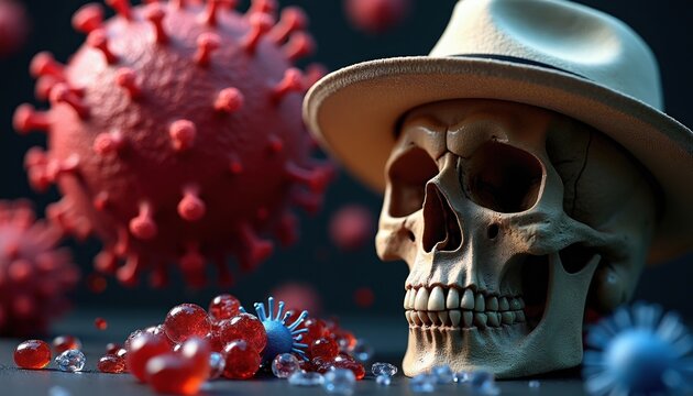 Human skull wearing vintage hat sits near red virus cells, small microbe structures. Medical conceptual illustration shows danger of infectious disease outbreak. Deadly contagion threat exists in