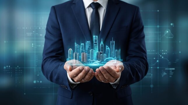 Businessman holding hologram of smart city skyline in hands, real estate development and urban planning, futuristic architecture and property investment, digital innovation