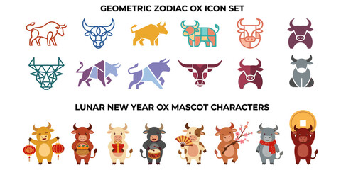 Fototapeta premium Geometric Zodiac Ox Icons and Lunar New Year Mascot Character Illustration Set