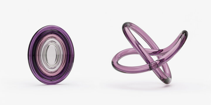 Two purple glass sculptures with concentric rings and twisted intertwined loop forms