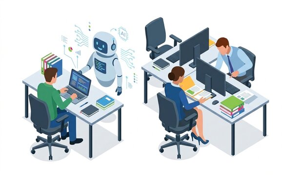 Isometric AI Robot and Office Team Vector Illustration for Human Artificial Intelligence Collaboration