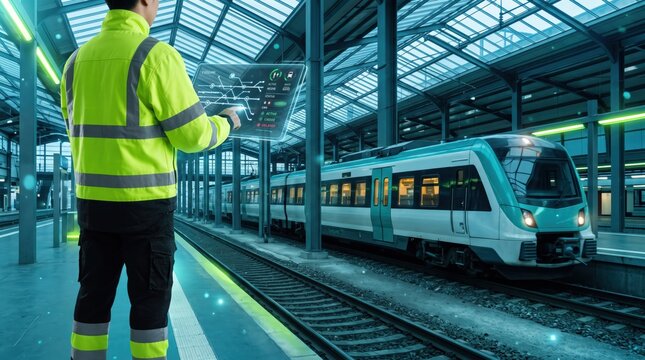 Station manager controlling train schedule with holographic interface at modern railway platform with arriving passenger train