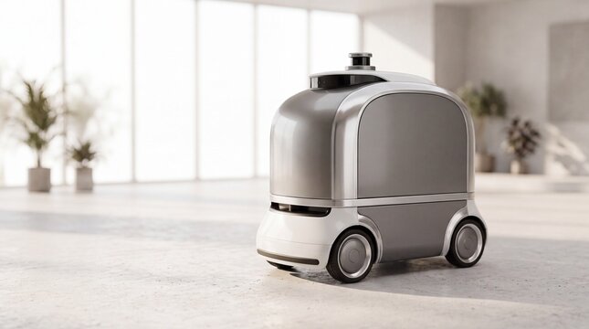 Futuristic autonomous delivery robot navigating modern indoor hallway with plants and natural light