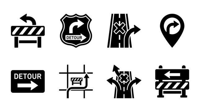 Collection of detour road closure diversion navigation arrow icons in black silhouette with diversion, navigation