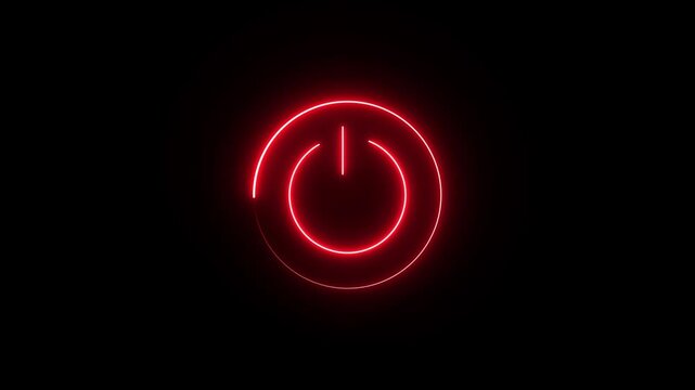Neon glowing power button icon animated on a black background ,The appearance of neon symbol power off ,alpha channel Remultiplied. 4k video