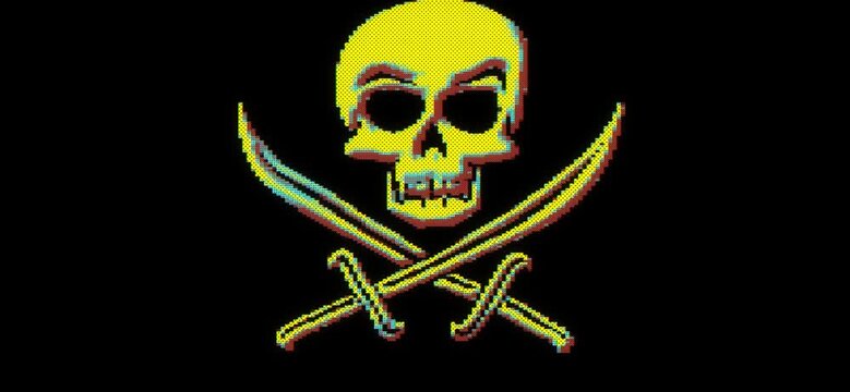 Pixelated glitch Jolly Roger skull and crossed swords pirate flag waving as digital copyright infringement symbol