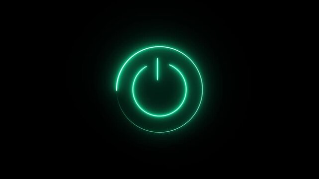 Neon glowing power button icon animated on a black background ,The appearance of neon symbol power off ,alpha channel Remultiplied. 4k video