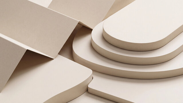Beige paper geometric platforms feature smooth curves and sharp angles in a sophisticated minimalist layout for product mockups.