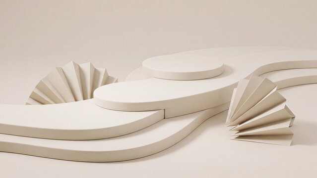 Paper podium platforms and decorative folded fan crafts create a minimalist beige composition for creative product presentation.