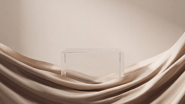 Acrylic pedestal stage rests in front of flowing beige satin cloth creating an elegant frame for luxury cosmetic product mockup.