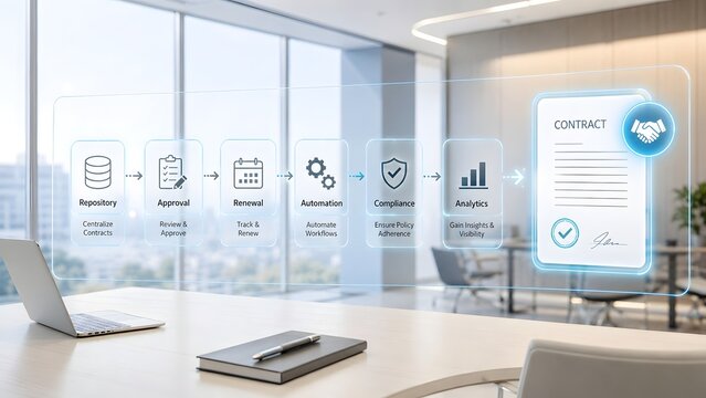 Transparent holographic contract lifecycle management workflow display hovering over modern office desk with laptop representing digital legal process