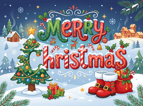 Merry Christmas Greeting Card with Snowy Village and Festive Decorations