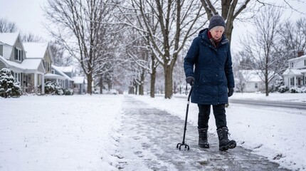 Fototapeta premium Elderly woman walking carefully with a cane on an icy sidewalk in winter