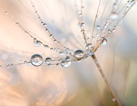 Macro shot of dew drops clinging to a dandelion seed.