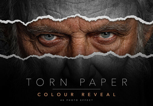 Torn Paper Photo Effect Template - Ripped Paper Reveal, Black and White to Colour Portrait Effect, Editable PSD