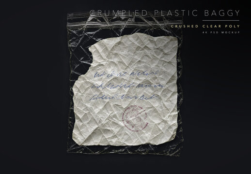 Crumpled Plastic Bag Mockup Template - Clear Zip Lock Poly Baggy Packaging PSD Smart Object with Crushed Wrinkled Plastic on Dark or Light Background