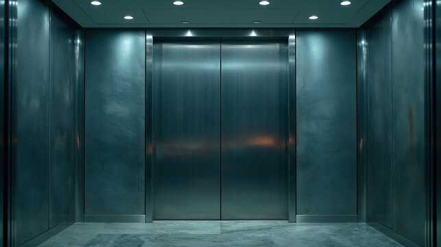 Empty modern elevator car interior with closed brushed stainless steel doors and light blue marble floor with round recessed ceiling lights