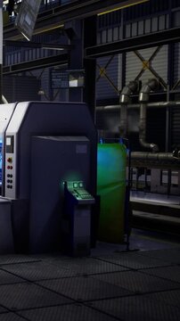 A sleek and futuristic machine stands in an industrial facility, surrounded by vibrant colors and detailed textures, reflecting an efficient manufacturing environment.