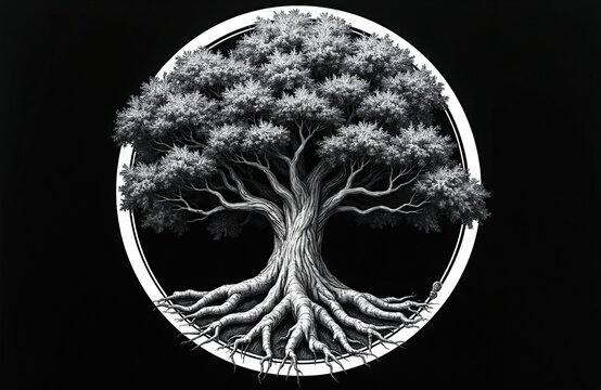 Black, white ink drawing of big oak tree with detailed leaves, strong roots inside circular frame. Monochrome botanical illustration of plant growth against solid dark backdrop. Artistic graphic