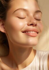 Obraz premium Fashion model face closed eyes with happy colours adult skin relaxation.