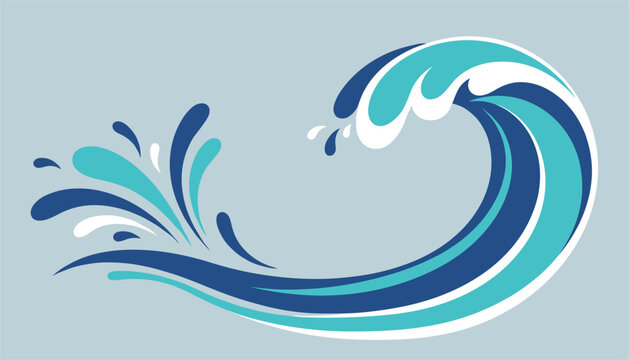 Dynamic blue ocean wave illustration with white splashes isolated on a light blue background.