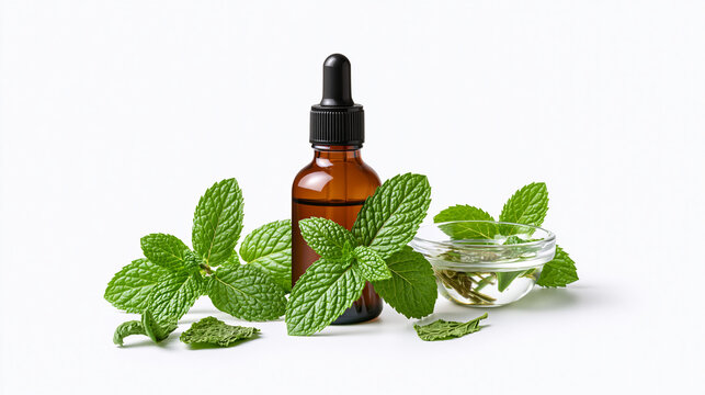 Peppermint Herbal Extract with Fresh Leaves Isolated on White Background