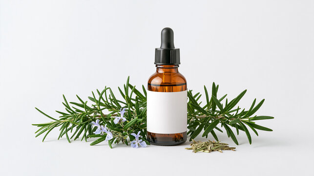 Rosemary Herbal Extract with Fresh Sprigs Isolated on White Background
