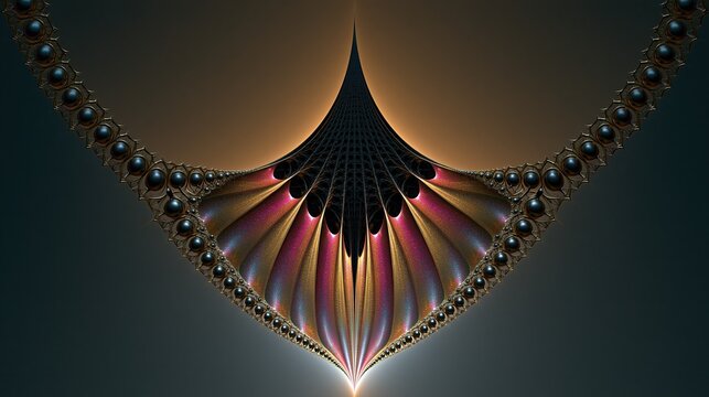 Symmetrical downward triangular abstract digital fractal art with shimmering iridescent pink and gold gradient and black spherical beaded border on dark muted gradient background