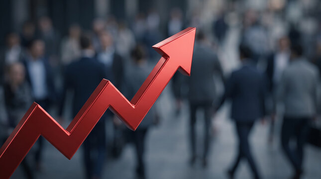 Red financial growth arrow over walking crowds with business, investment