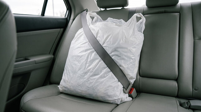 Plastic shopping bag secured with seatbelt in back car seat seatbelt transport