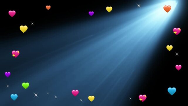 Colorful heart icons border a bright blue spotlight beam shining diagonally against a dark background.